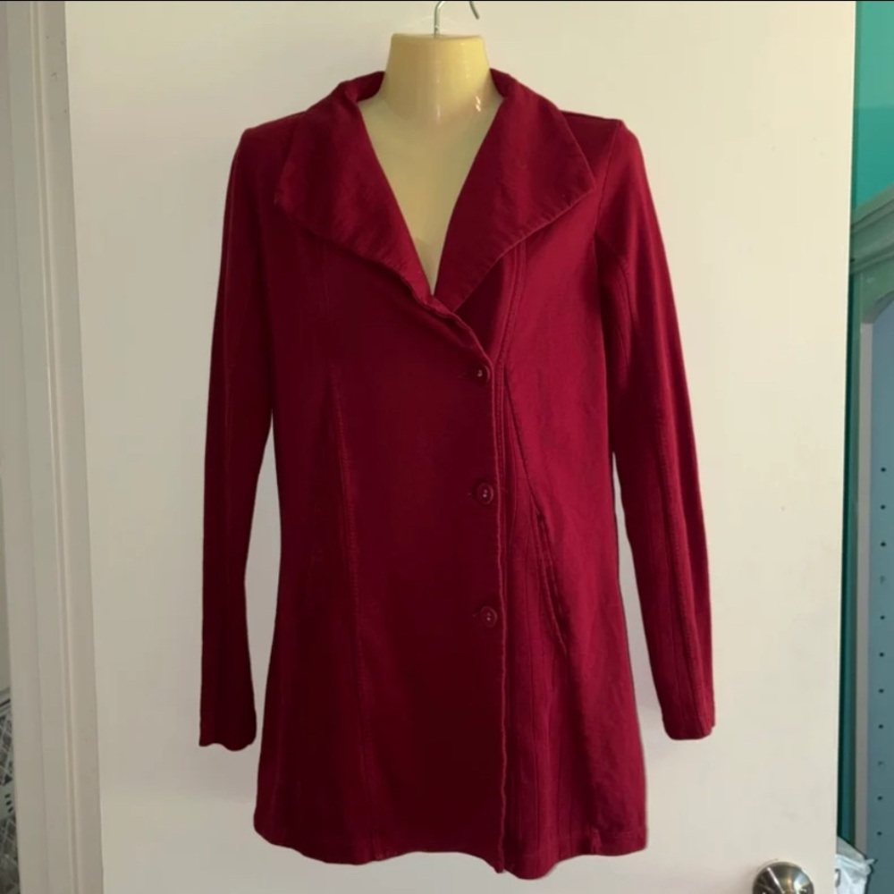 Lucky Lotus Burgundy Cotton Jacket Small | Boho Lagenlook Artsy Button Front